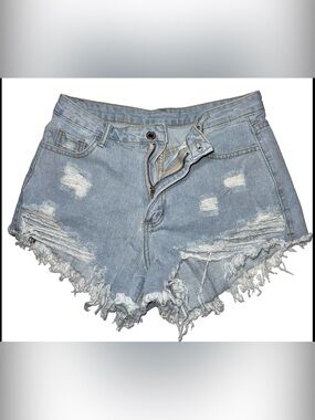SHEIN Light Blue Distressed Frayed Denim Shorts